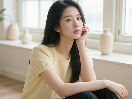 Beautiful asian woman in yellow t-shirt sitting on the windowsill at home.のeditorial素材