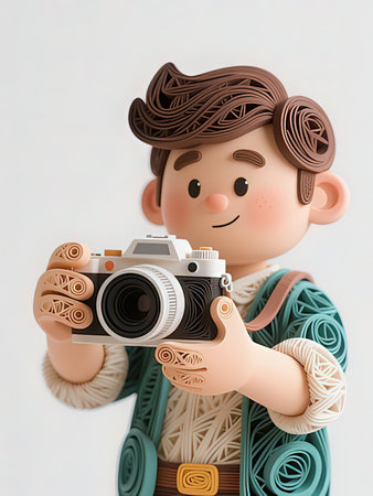 3d illustration of a boy with a camera in his hands.の写真素材