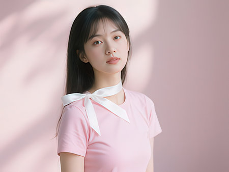Portrait of beautiful young asian woman in pink dress on pink backgroundのeditorial素材