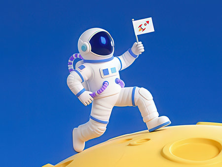 Astronaut with flag in his hand on a background of the blue sky