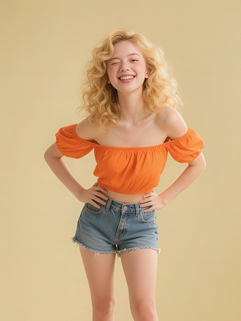Portrait of a beautiful young woman with blond curly hair and blue jeans shortsのeditorial素材