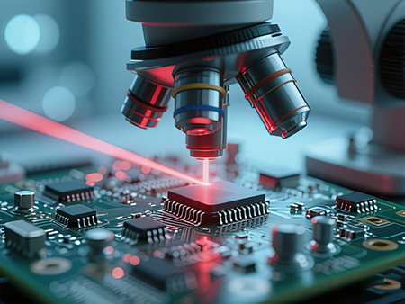 Microscope on the electronic board. 3d illustration. Technology background.