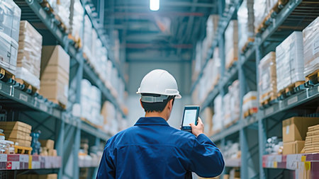Rear view of warehouse worker using digital tablet in warehouse. This is a freight transportation...