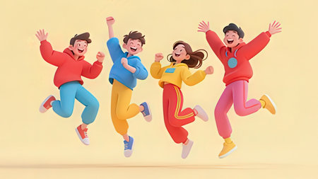Group of happy jumping people in sportswear. Vector illustration.