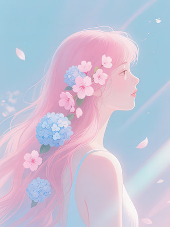 Illustration of a beautiful girl with pink hair and flowers in her hair