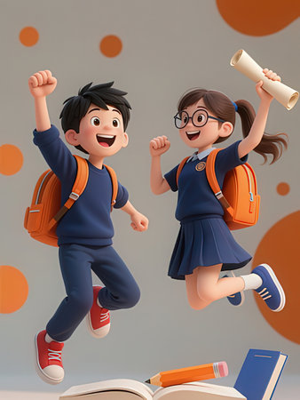 3D illustration of a boy and girl jumping with books and backpack