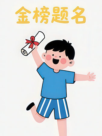 New Year's card of a boy holding a diploma in his handの写真素材