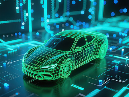 3d rendering of a car with circuit board in the background.の写真素材