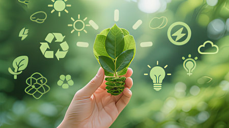 Ecology and environment concept. Hand holding light bulb with green leaves on blurred nature background.の写真素材