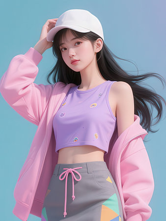 beautiful asian woman wearing a pink jacket and cap on blue background