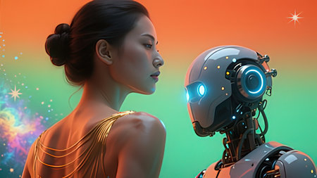 3d rendering of a female robot looking at the camera with an orange backgroundの写真素材