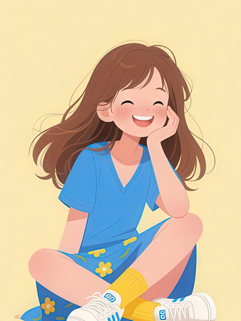 Illustration of a Cute Smiling Girl Sitting on the Floorの写真素材