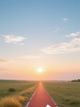 Sunset in the prairie with a red track leading to the horizonの写真素材