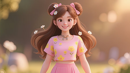3d rendering of cute little girl in pink dress with flowers in her hair