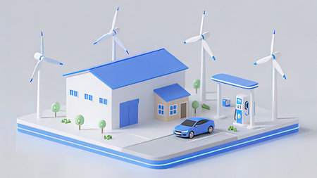 Electric car charging station with wind turbines in the background. 3d rendering