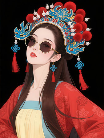 Portrait of a beautiful asian girl in traditional chinese attire.の写真素材