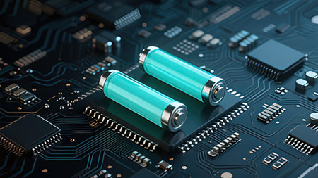 Close-up of a circuit board with two batteries. 3D rendering