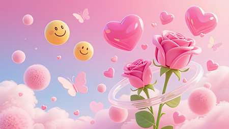 Valentine's day vector background with pink roses and hearts.