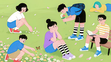 Group of children playing on the grass in the park. Vector illustration.の写真素材