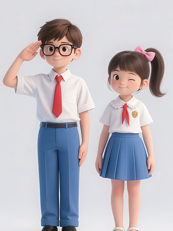 cute little boy and girl in school uniform,3d renderingの写真素材