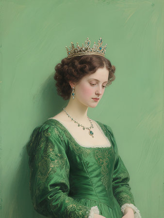 Portrait of beautiful young woman in green medieval dress. Studio shot.の写真素材