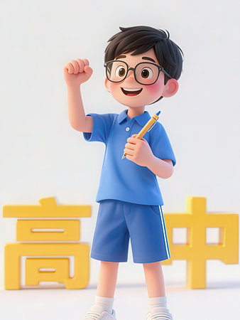 3d illustration of cute asian boy in school uniform with pencilの写真素材