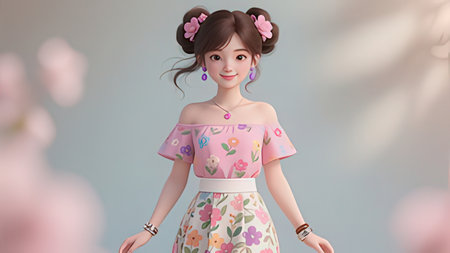 3D rendering of a Japanese girl in a pink dress with flowersの写真素材