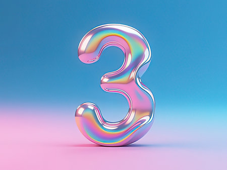 Glossy metallic number 3 on blue background. 3d rendering