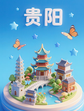 Chinese temple in the garden with blue sky background, vector illustration.の写真素材