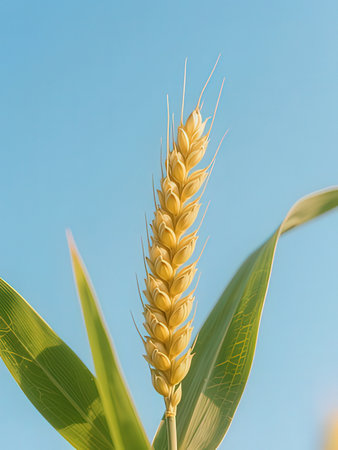 Close up of wheat ear on blue sky background. Agriculture concept.