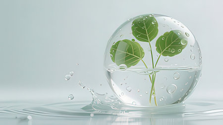 Plant in a glass sphere with water drops on a white background