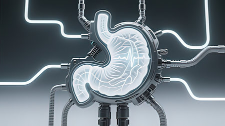 Digital composite of Stomach with glowing light against blue vignetteの写真素材