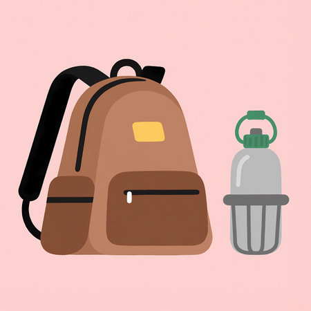 Backpack and flask on pink background. Flat style vector illustration.