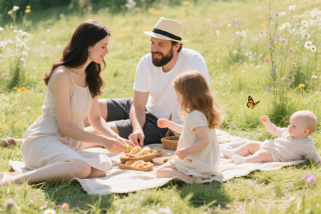happy family with little daughter having picnic in meadow on summer dayの写真素材
