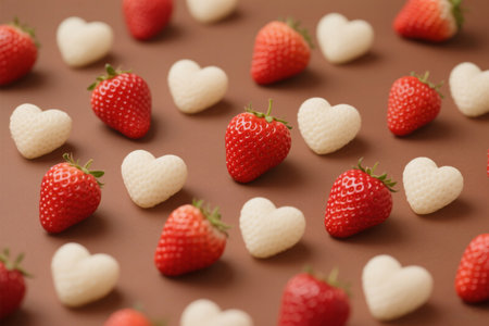 Strawberries and white hearts on a brown background. Close-upの写真素材