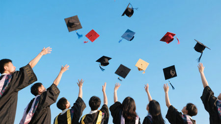 Group of students throwing graduation caps in the air with blue sky background