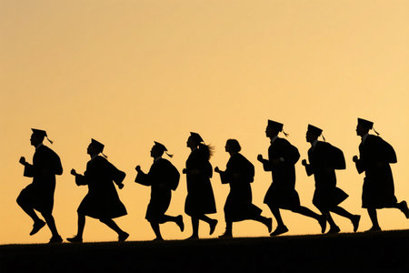 Silhouette of a group of graduates running in the sunset.の写真素材