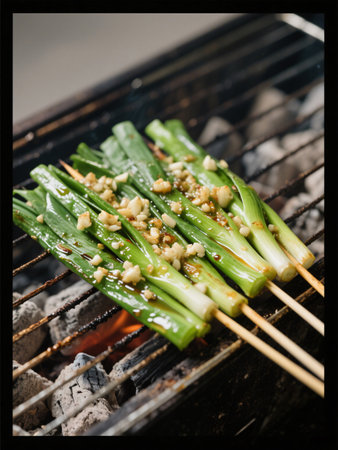 Korean food, Grilled leek on the barbecue grill.