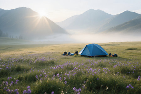 Camping in the mountains. Camping on the mountain meadow.
