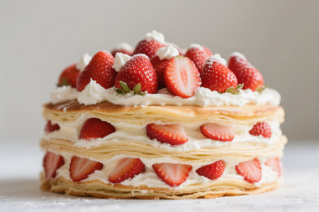 Strawberry cake with whipped cream and fresh strawberries on white background