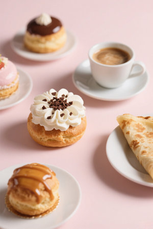 Cup of coffee and cakes on pink background, closeup view