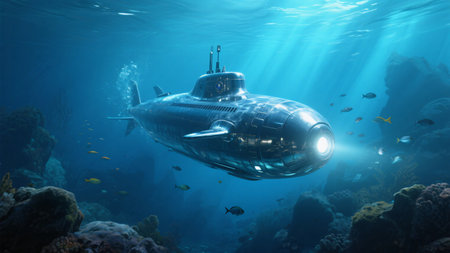 Submarine in the deep blue sea. 3d rendering. Computer digital drawing.