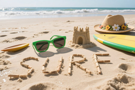Sunglasses, sand castle and surfboard on the beach.