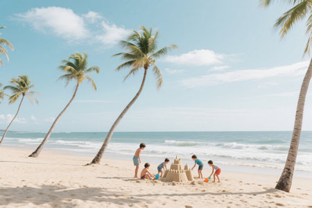 Children playing sand castle on the beach with palm trees and blue skyの写真素材
