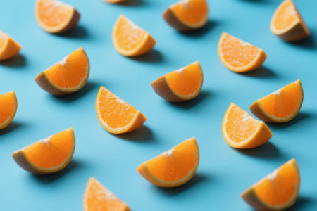 Slices of orange on blue background. Minimal summer conceptの写真素材