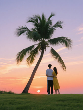 Couple under palm tree at sunset. Love and romance concept.の写真素材