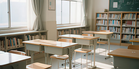 Classroom interior with desks, chairs and bookcases. 3d renderingの写真素材