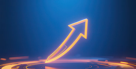 3d illustration of glowing arrow pointing up over blue background with copy spaceの写真素材