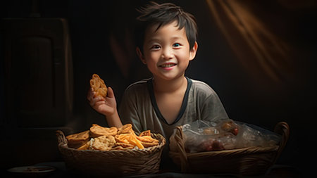 Little asian boy eating fried snack in basket on dark background.
