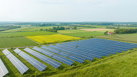 Aerial view of solar power plant with green field and blue sky